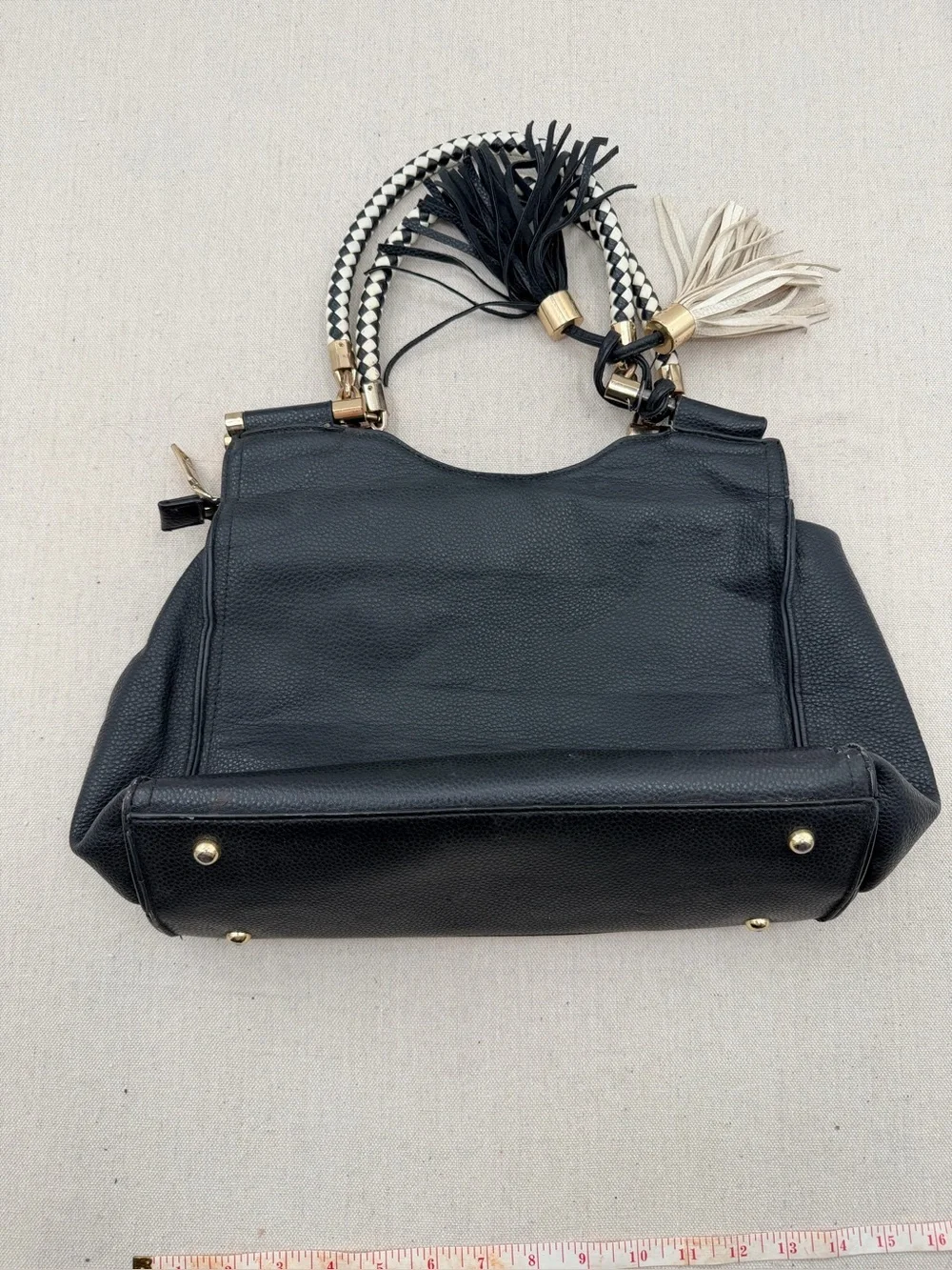 bebe Black Satchel with Braided Two-Tone Handles and Tassels